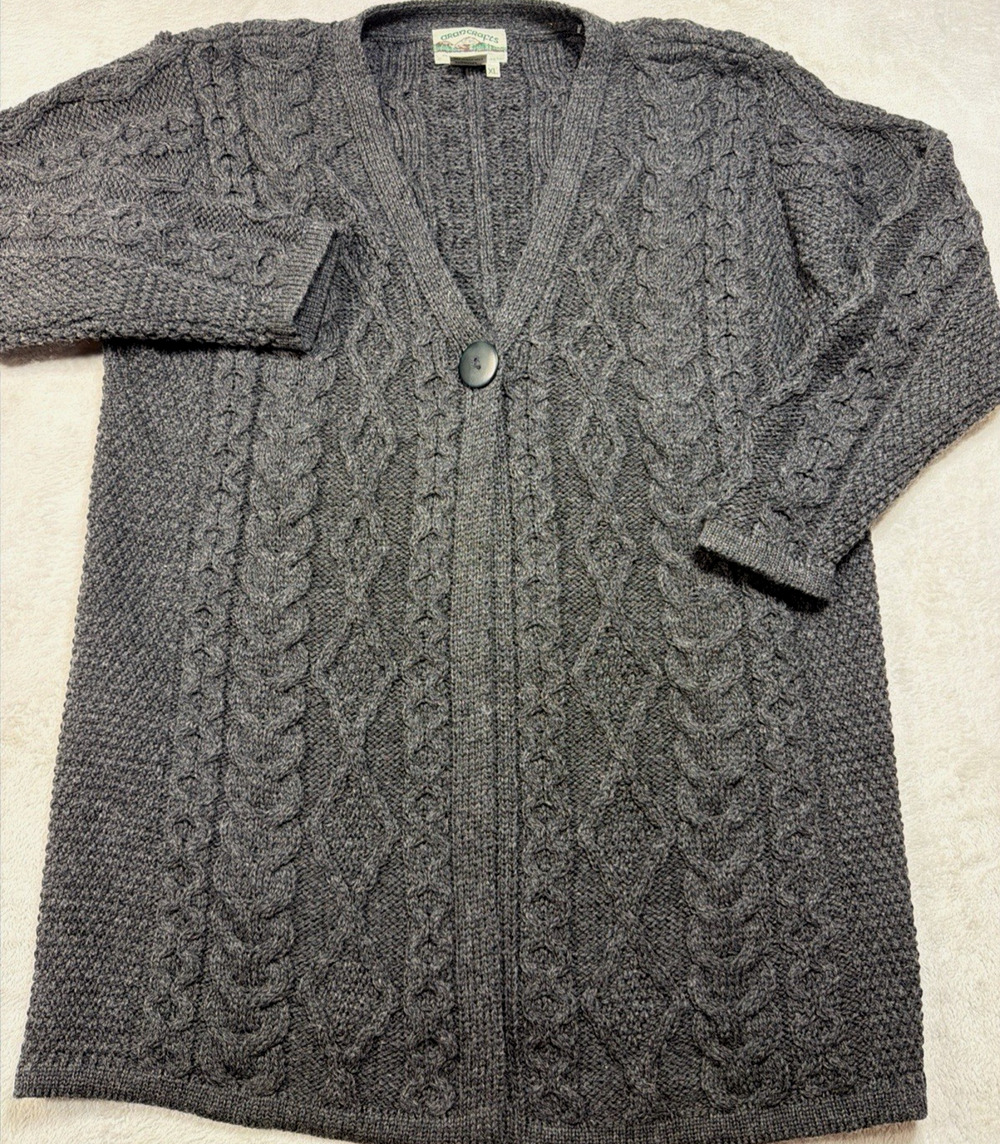 Aran Crafts Ireland 100 Merino Wool Cable Knit Longline Cardigan Coat Womens XL